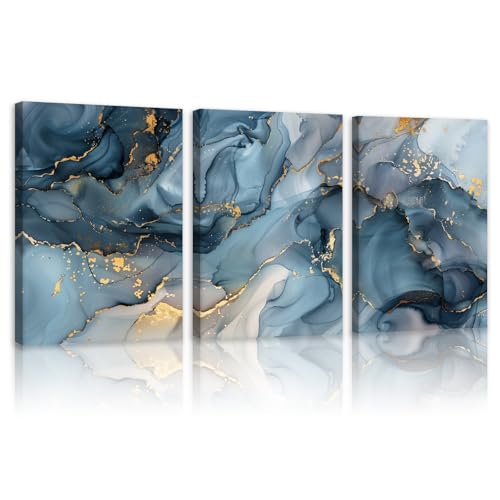 JINLUNTA Gold Blue Abstract Canvas Wall Art Set of 3