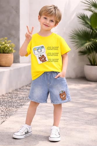 Image of Bold N Elegant Baby Boy Girl Camera Click T-Shirt with Denim Shorts Cotton Co-Ord Set Summer Outfit for Infant Toddler Kids Upto 5 Years