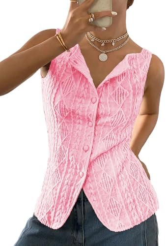 BLENCOT Women's Vest Top Slim Fitted Button Down Knit Vests Stretchy Textured Jacquard Going Out Tops