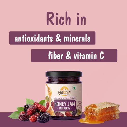 Image of Eatopia Sugar Free Mulberry Honey Jam | 100% Pure & Natural | Healthy Jam for Kids & Adults | No Added Flavours & Preservatives | 70% Real Mulberries | Sweetness from Real Fruits & Honey | Pack of 1 | 240g