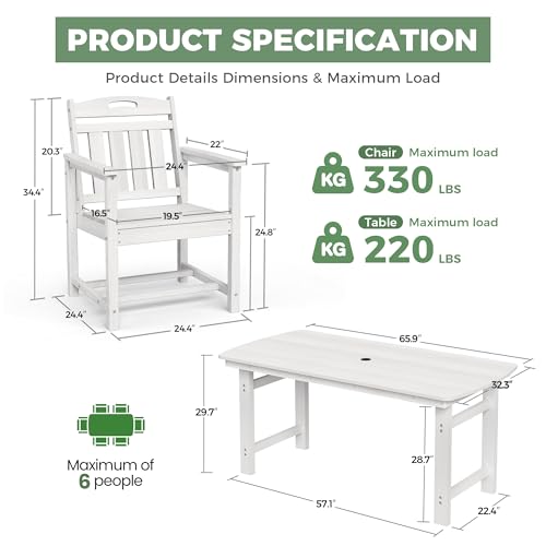Image of HDPE Outdoor Dining Set, Patio Table and Chairs Set, All-Weather 7-Piece Outside Table and 6 Chairs, 2 inch Umbrella Hole, Outdoor Furniture for Garden, Poolside, Backyard, Deck | White