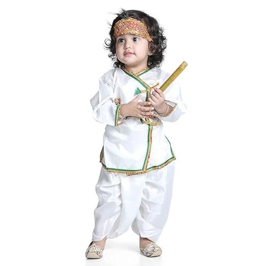 Krishna Dress for Baby Boys & Girls | Janmashtami Ethnic Costume Set with Dhoti, Kurta & Headband | Traditional Fancy Dress for Kids