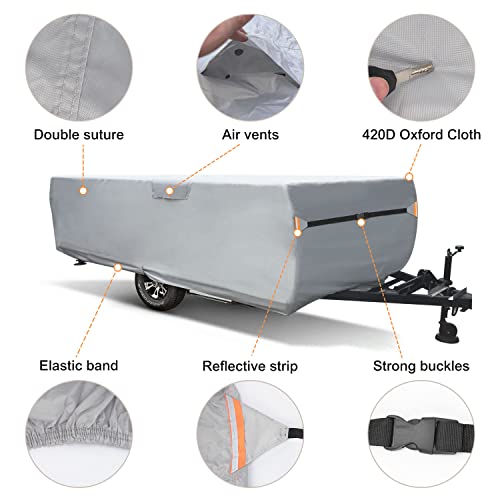 Silivn Pop Up Folding Trailer Camper Cover Fits 12'-14', Upgraded Heavy Duty Protection Ripstop Waterproof Trailer Cover With 3 Bottom Straps, Anti-Uv Windproof All Season Protection For Rv Motorhome #TOP4