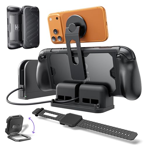 JSAUX PC0121 Switch 2�Ή� ���b�h�P�[�X�b360°�S�ʕی� �w�ʃV�F���{�t�����g�J�o�[�{���^���L�b�N�X�^���h�{�V���R���X�g���b�v�{�x�[�X�X�^���h�{USB-C������{���C�X�}�z�}�E���g�b���ɃZ�b�g