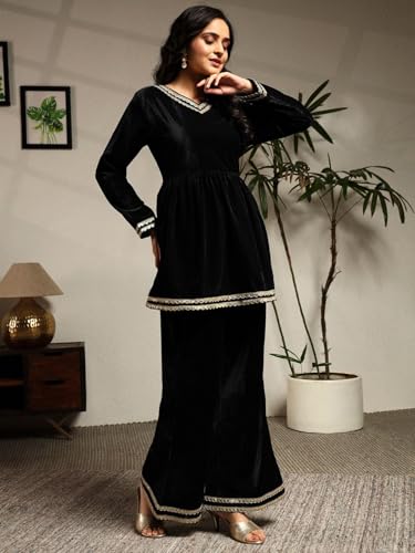 Image of Leriya Fashion Velvet Kurti Set for Woman | Short Kurti for Women | Co ord Set for Women Stylish Party Suit | Ethnic Office Everyday Wear & Casual Look | A Line Kurta Set for Woman