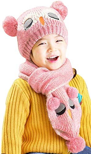 Toddler Kids Hat Winter Thick Warm Knitted Crochet Owl Earflap Beanie Cap Scarf Set Pink