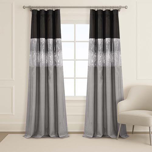 Lush Decor Starlight 100% Blackout Window Curtain Panel Single 42" W x 84" L, Black & Gray - Blackout Curtains for Bedroom - Sequin Curtains - Glam Decor