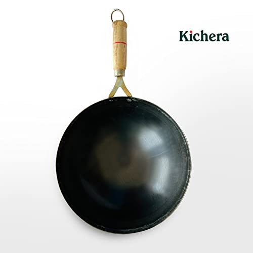 Image of Kichera 11 Inch Pre-Seasoned Iron Wok with Wooden Handle |Chinese Kadhai for Cooking & Deep Frying | Pure Iron Kadai Wok Fry Pan 29cm, 3.1Ltr, 1.2Kg| Gas Compatible | Round Base