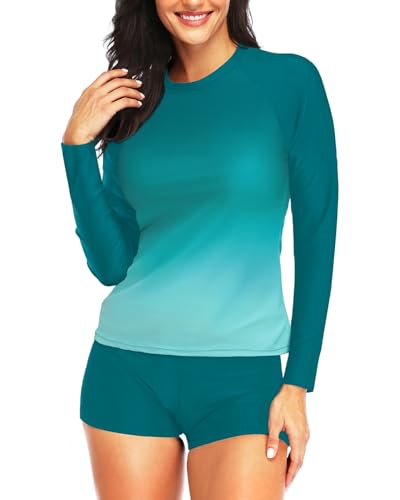 Image of Daci Women Two Piece Rash Guard Long Sleeve Swimsuits with Short UPF 50+ | UPF 50+,High Waisted Short,Long Sleeve,High Neck,Built-in Brief,Quick Dry