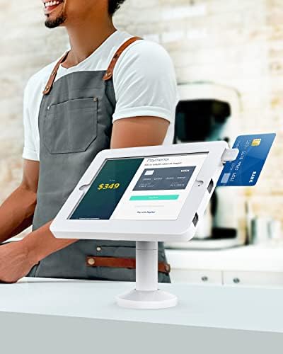 Beelta Kiosk Tablet Stand for 10.2 inch iPad 7th/8th Genetation, Business Desktop POS iPad Stand, Anti Theft Retail Countertop iPad Stand, Tilting 180° for Store Cashier, Metal, White