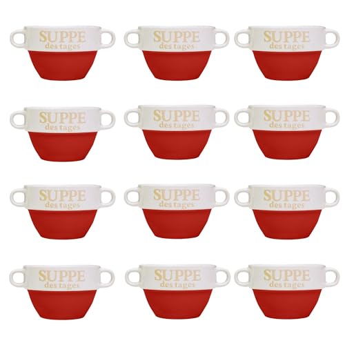 Produktfoto von DRULINE 12x Set Suppentasse Rot aus Keramik Ø 13 cm mit Henkel – Hochwertige Suppenschale, Hitzebeständig und Leicht&hellip;