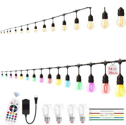 EIKOSON 74FT Outdoor String Lights, Outdoor Lights for Patio,with 36+4 LED RGBW Color Change,3000K Bright White Waterproof Bulbs, Dimmer & Remote, Customized 12 Colors & 4 Modes, for Backyard Decor