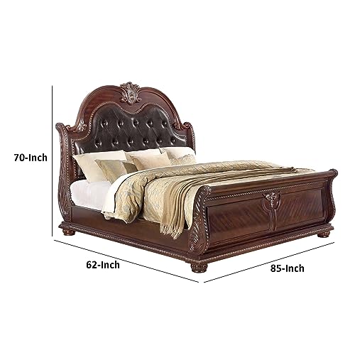 Benjara-Mano-Queen-Bed-Faux-Leather-Upholstery-Classic-Floral-Carved-Wood-Brown-Gray Benjara Mano Queen Bed Faux Leather Upholstery Classic Floral Carved Wood Brown Gray