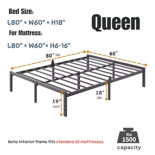 Image of ZIYOO 18 Inch Queen Size Metal Platform Bed Frame,Mattress Anti-Slip Design | No Box Spring Needed, Easy Assembly, No Squeaks, Tools Included, Ideal for Bedrooms, Guest Rooms, Dorms, Hotels & B&Bs