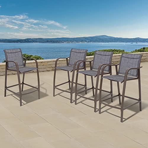 Pellebant Aluminum Outdoor Bar Stool Set of 4, Patio Counter Height Stools & Bar Chairs All-Weather for Backyard, Pool, Garden, Deck,Brown Frame, 27.5'' Seat Height,270 lb Capacity-Black and Grey