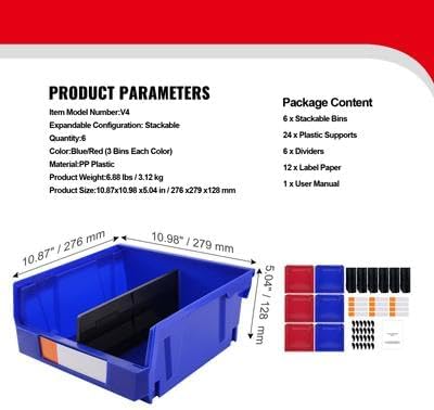 Happybuy Plastic Storage Bin, 11"x11"x5", Hanging Stackable Organizer, Blue/Red, 6-Pack, Heavy Duty for Closet, Kitchen, Office, or Pantry