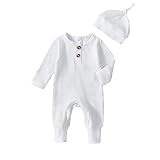 Twopumpkin Newborn Baby Boy Knit Jumpsuit Ribbed Romper Coming Home Outfit Infant Fall Winter Clothes with Hat (Cute Ribbed White)