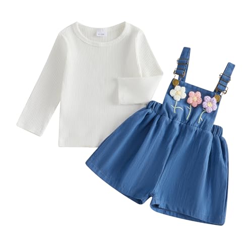 Image of Geagodelia Kids Toddler Baby Girls Summer Clothes Ribbed Long Sleeve Top and 3D Flower Dungarees Shorts Set Cute 2 Piece Outfit (Blue, 2-3 Years)