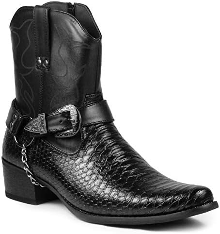 Metrocharm Diego-01 Men's Belt Buckle Chain Strap Western Cowboy Boots (11, Black)