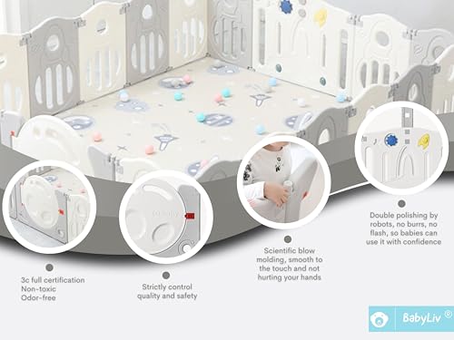 Image of 39 Sq Ft Extra Large Baby Playpen | Space-Themed 16-Panel Play Yard with Soft Mat, Basketball Hoop & Ball Pit Area | Indoor /Outdoor Toddler Fence | Grey-White | ISO & CE Certified