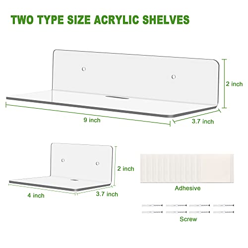 Small Floating Shelf For Wall, 4-Pack Acrylic Floating Shelves, Wall Mounted Clear Shelves With Mounting Kit For Decoration & Storage, Adhesive Shelf For Bathroom, Bedroom, Office,Living Room (Clear) #TOP1