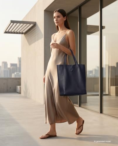 Image of Genuine Italian Leather Tote Bag for Women, Large Slouchy Purse, Dark Blue | Unstructured bag, raw unlined interior with zip pocket, top zipper, side ties, folds flat, fits a 16-inch laptop, lightweight