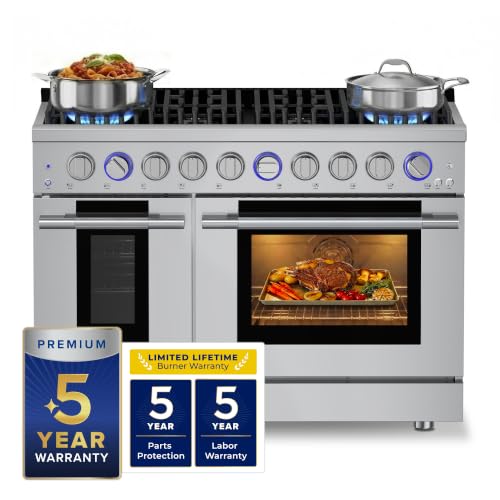 Hauslane 48" Gas Range in Stainless Steel, 8 Burners up to 20,000 BTU 6.7 cu. ft., Double Convection Oven with 5 Rack Positions, 5-Year Warranty, Convertible NG/LP Cool-Touch Triple-Layer Door