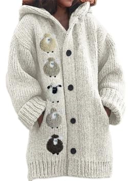 Womens Oversized Hooded Knitted Cardigan Button Long Sleeve Animal Artistic Prints Cozy Soft Fall Winter Casual Outerwear