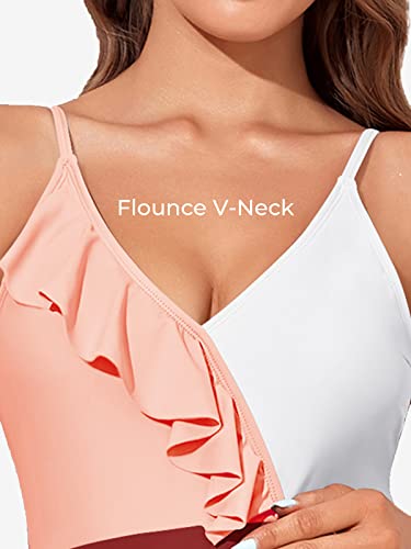 Summer Mae Maternity One Piece Swimsuit Color Block Bathing Suit Halter Flounce Pregnancy Swimwear Burgundy Mist Small #TOP2