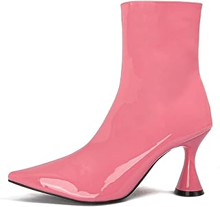Women's PU Leather Pointed Toe High Heel Boots Stiletto Mid Calf Boots Ankle Boots, Pink, 39 EU, pink