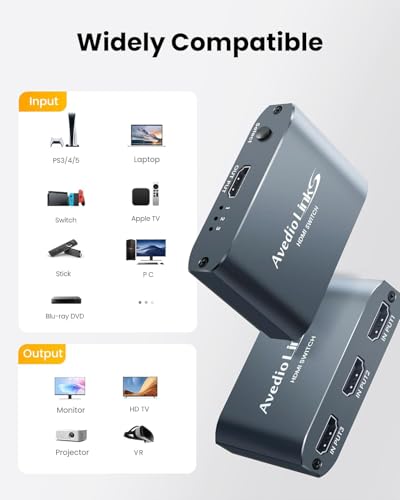 Image of 4K@60Hz HDMI Switch 3 in 1 Out Aluminum Alloy【with 4FT HDMI 2.0 Cable】, avedio links 3x1 HDMI Multi Port Switch, 3 Way HDMI Selector Switcher Support HDCP 2.2, HDR 10, for Fire TV Stick, PS5, PS4