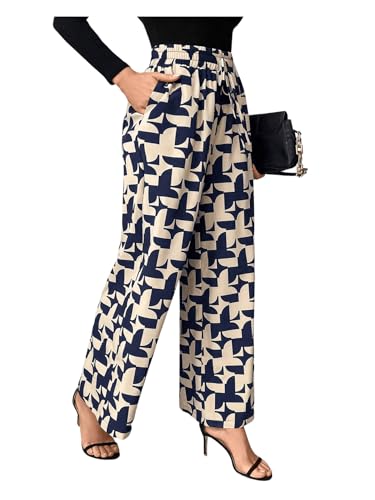 WDIRARA Women's Printed Drawstring Waist Wide Leg Long Pants Trousers with Pockets3