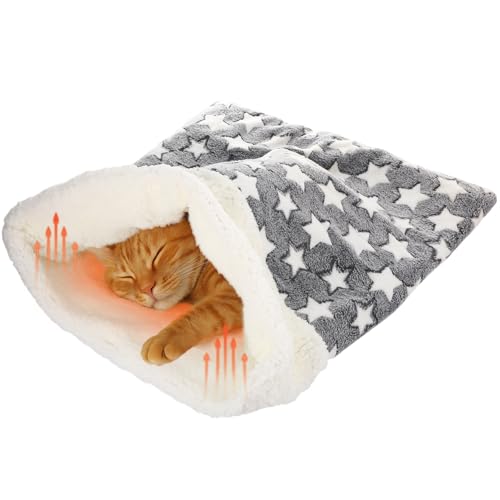 Clysee Self Heating Cat Sleeping Bag Indoor Self Warming Cat Bed Cave Heated Pad Cozy Soft Winter Washable Wrap Pet Snuggle Sack Pouch for Puppy Dog Kitten, 24 x 21 Inch(Classic Style,Gray)