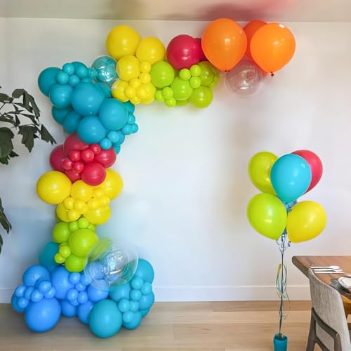 Image of Pool Party Balloons, 60pcs 12 Inch Blue Green Orange Yellow Hot Pink Teal Clear Balloons for Sea Life Theme Birthday Pool Beach Theme Party Decorations