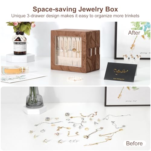 DesignSter Small Jewelry Box Organizer Case w/ 3 Side Drawers & Transparent Display Window (Brown) - image 5