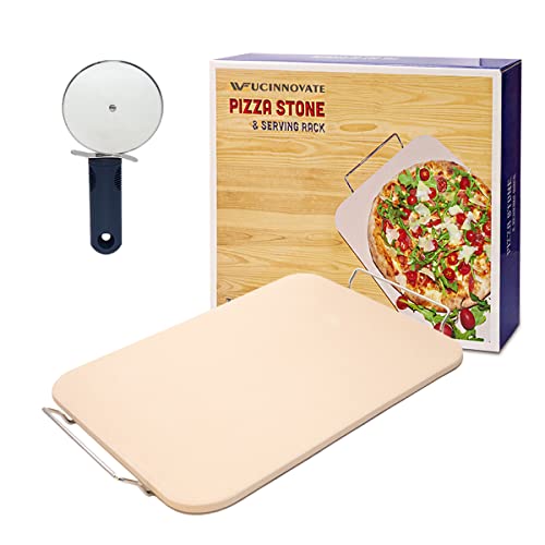 Ucinnovate Rectangular Pizza Stone Set For Oven And Grill, 15X12 Inch Ceramic Pizza Grilling Stone Oven Baking Stone With Bonus Pizza Cutter & Serving Rack, Heavy Duty Durable & Certified Safe #TOP27