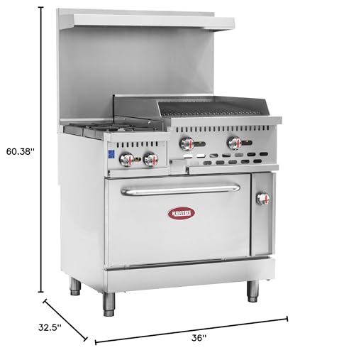 Image of Kratos 36 inch Wide Commercial Gas Range with 24 inch Charbroiler, 2 Burners, and Full Size Oven, 154,000 BTU Output, Freestanding Range for Restaurants, Liquid Propane