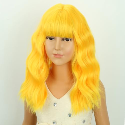 Image of Deep Yellow Wig short Yellow Wavy Curly Wigs Wig with Air Bangs Synthetic Cosplay Hair Wigs