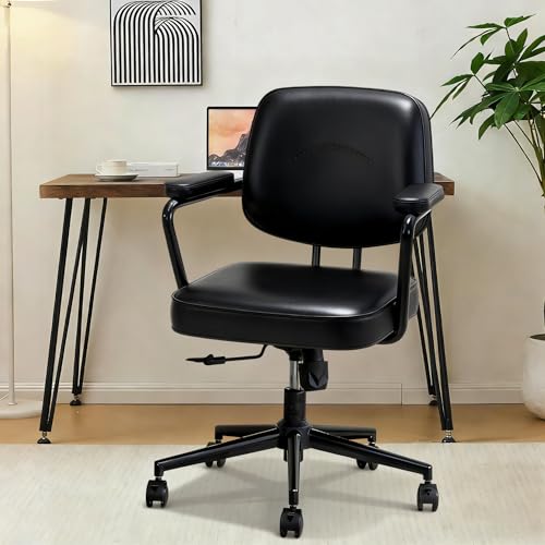 Image of Home Office Chair, Ergonomic Desk Chair with Lumbar Support, Adjustable Height Rolling Swivel Task Chair with Armrests, PU Leather, for Meeting Study Black