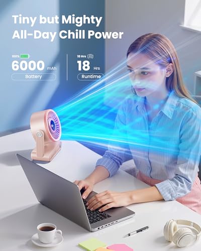 Image of Gaiatop Portable Quiet Desk Fan, 6000mAh Rechargeable Battery Fan with RGB Ring, 18Hrs Runtime, 5-Speed Strong Wind, Bedroom Office Desk Accessories, Gifts for Women Girls Mom (Pink)