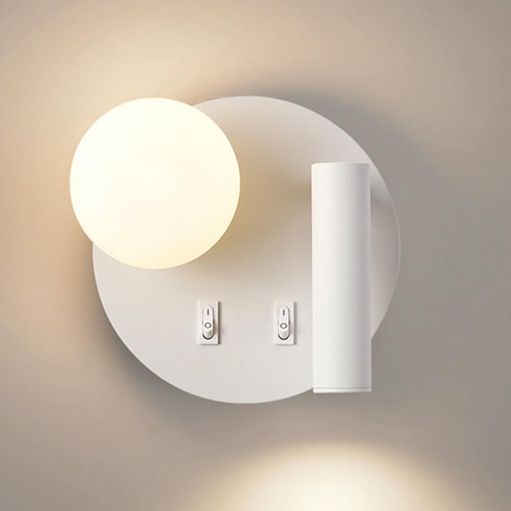 SXECAEPS Round Wall Sconce LED Mount Reading Light Bedside Lamp With Switch Globe Glass Sconces Bedroom Headboard Lights for Living Room Hotel Bed Read