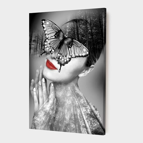 Image of PAINTINGMANTRA Stretched Modern Canvas Wall Art Painting, Women Butterfly Black & White Artwork for Living Room, Home, Bedroom, Office Decoration (Set of 1, 16x22 Inch)