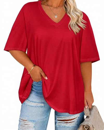 rosemia Plus Size Tops for Women Oversized Casual Tops V Neck Short Sleeves Basic Tees, Red Color, 4X-Large