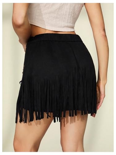 Verdusa Women's Faux Suede Fringe Hem Mini Skirts Cowgirl Western High Waisted Bodycon Skirt2