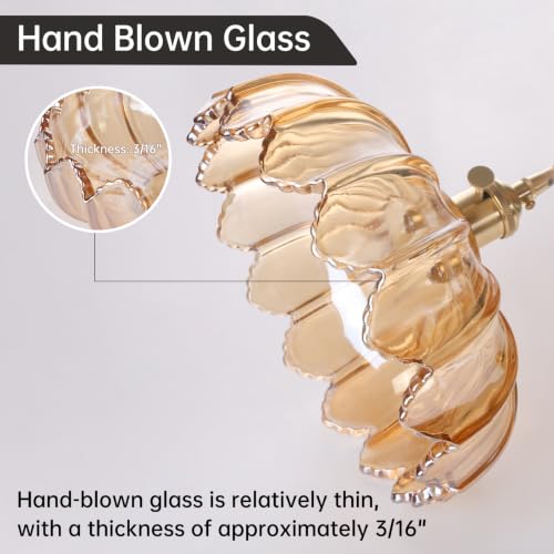 Image of Shenmoyl Plug in Pendant Light Hanging Light Fixtures with Plugin Cord On /Off Switch,Amber Scindapsus Glass Lampshade Brass Pendant Light