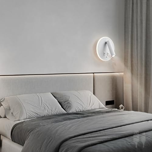 Aplique de pared LED blanco de aluminio con foco de lectura y puerto USB