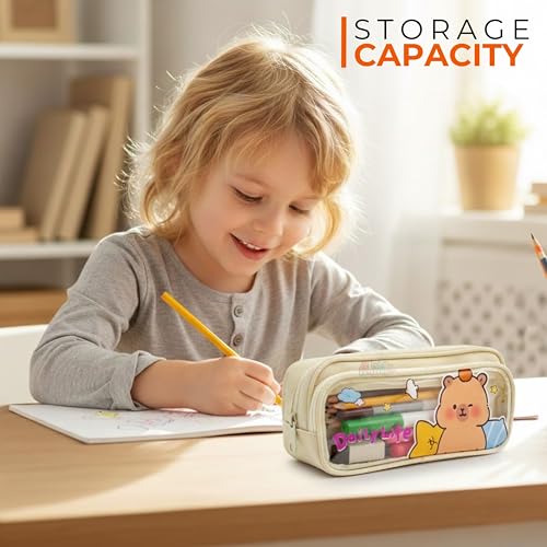 Image of Alokik Enterprise Cute Cartoon Pencil Pouch with Double Zipper & Transparent Window, Large Capacity Fabric Pen Case for School, Office, Students, Kids & Teens (Daily Life Off White Pouch)