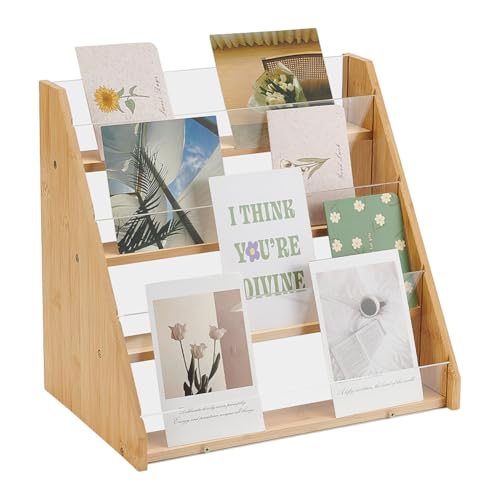 UNICRAFTALE 4 Stöckiger Präsentationsständer Für Grußkarten Vitrine Bambus Acryl Postkartenständer Tragbarer Präsentationsständer Für Aufkleber Theke Einzelhandels Präsentationsständer Für Tischplatte