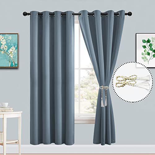 Yakamok 72 Inch Length 100% Blackout Curtains for Bedroom, Light Blocking Drapes Room Darkening Thermal Insulated Solid Grommet Panels for Living Room, (52Wx72L, Stone Blue, 2 Panels)