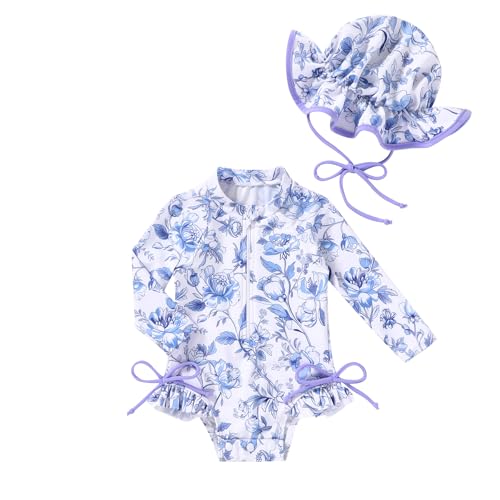 Happy Town - Happy Town Baby Girls Swimsuit Long Sleeves Zipper Ruffled Bathing Suit Infant Girl Beach Essentials (Purple Floral, 3-6 Months) - Best Deal on Amazon
